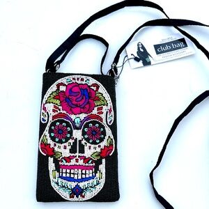 Day of the Dead Skull Beaded Crossbody Purse Bag